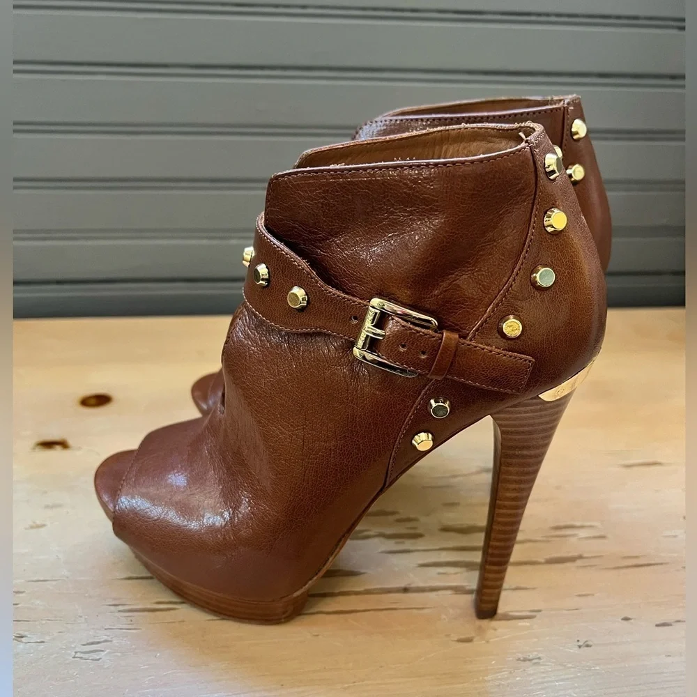 Michael Kors Women Ailee Brown Ankle Boots Size 7 M Open Toe Peep Gold Studded